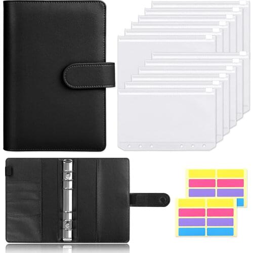 15 Pcs A6 PU Leather Binder Budget 6 Ring Waterproof Cash Envelopes System with 12pcs Clear Zipper Pockets and Label Stickers