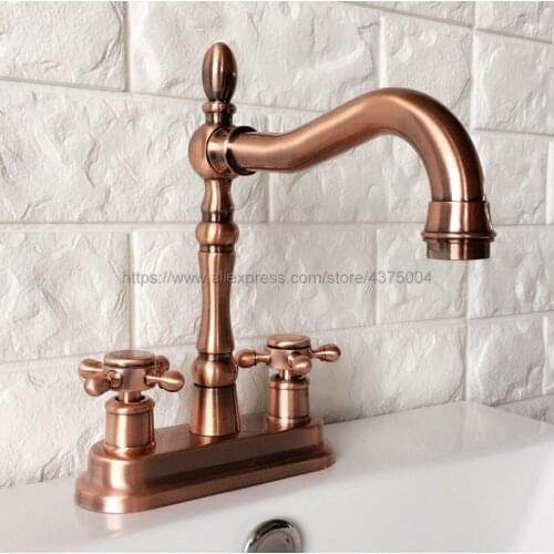 Antique Red Copper Two Hole Bathroom faucet Dual Handle Vessel Sink Mixer Tap Hot and cold Deck Mounted Nrg050