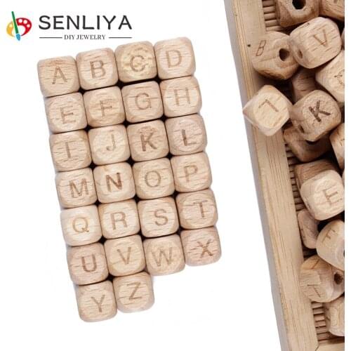 20Pcs/Lot 12mm Cube Wooden Square Letter Alphabet Beads Natural Beech Wood Beads For Jewelry Making DIY Necklace