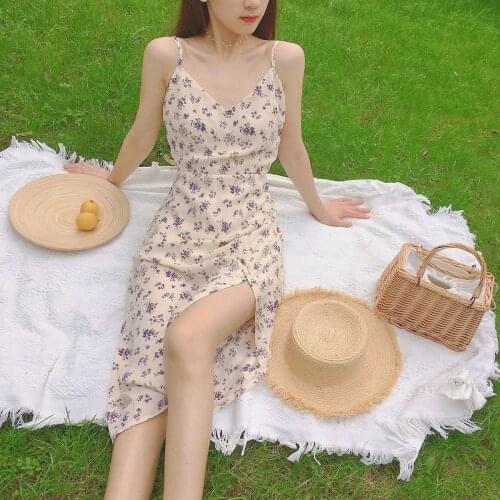 French Retro V-Neck Strap Purple Floral Print Chiffon Dress Womem Vintage Sweet Midi Dress Split Casual Long Dress 2021 New