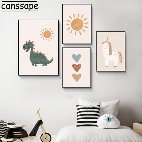 Nursery Canvas Painting Dinosaur Unicorn Art Print Rainbow Sun Paintings Alphabet Wall Pictures Boho Posters Baby Bedroom Decor