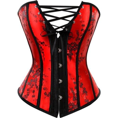 Overbust Corset Tops for Women Floral Jacquard Corsets and Bustiers Lingerie Sexy Victorian Lace Overlay Vintage Plus Size S-6XL