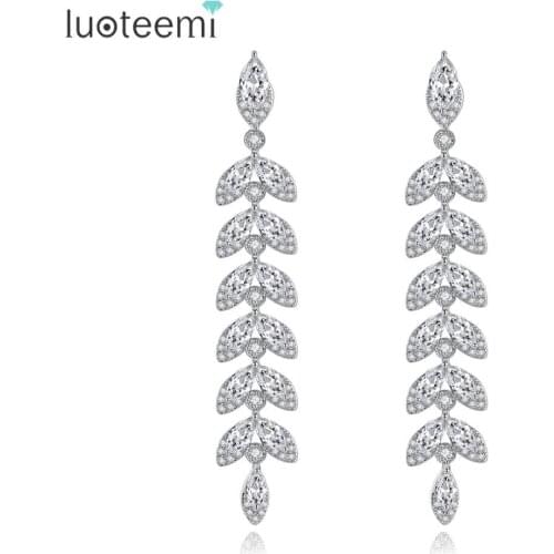 LUOTEEMI New Fashion Big Long Leaf Drop Earrings for Women Wedding Engagement Anniversary Jewelry CZ Pendientes Christmas GiftS