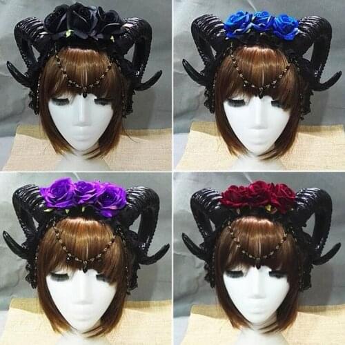 Mystical Womens Sheep Horn Headband 3 Rose Flower Jewelry Pendant Chain Hair Hoop Vampire Demon Gothic Cosplay Headpiece
