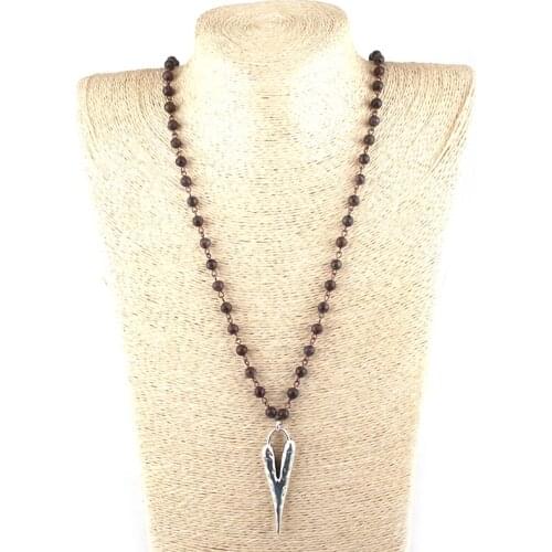 MOODPC Fashion Bohemian Jewelry 6mm Stone Rosary Chain Metal Heart Pendant Ethnic Necklace