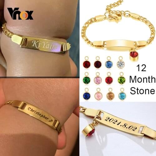 Vnox Customizable Bracelets for Newborns Baby, Engrave Name Date Stainless Steel Bangle with 12 Birth Stone Charm,Girls Boy Gift