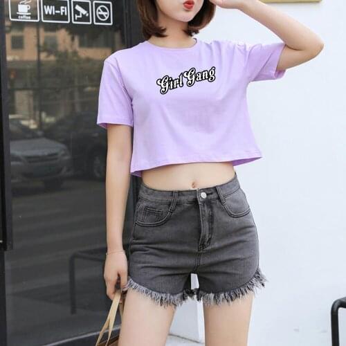 Solid Women Crop Tops Fashion Harajuku Short Sleeve Cotton T Shirt Ladies O-Neck Letter Printed Dance Top T-shirt Shirts Girls