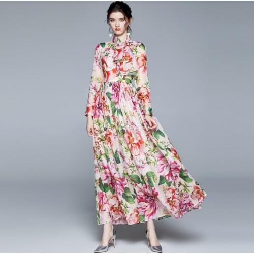 Dresses for Women 2021 Elegant Fashion Long Sleeve Beach Style Large Swing Dress Chiffon Printed Maxi Dress for Women with Scarf