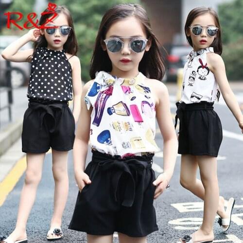 R&Z Big Girls Sets 2019 New Summer Fashion Chiffon Suspenders Tops+ Black Shorts 2pcs Suits for 4-11Y Kids Childrens Clothing