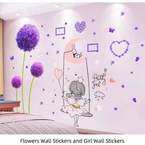 [shijuekongjian] Cartoon Girl Wall Stickers DIY Dandelions Flowers Mural Decals for Kids Rooms Baby Bedroom House Decoration