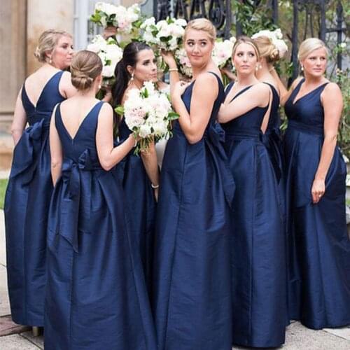 Chic Long A Line Plus Size Navy Blue Taffeta Wedding Guest Wear Bridesmaid Dresses 2021 For Women