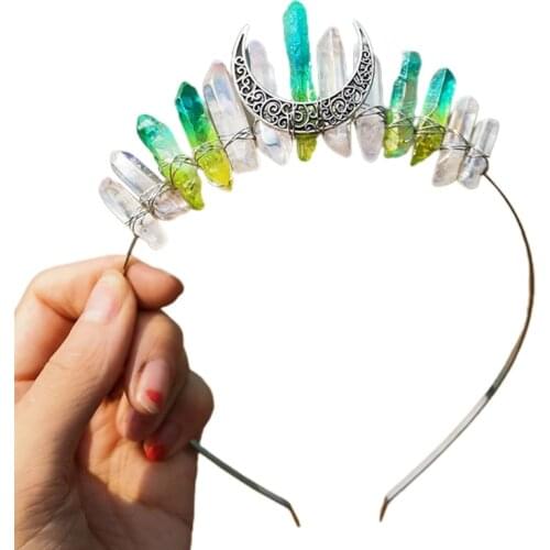 Tiara Headband Multicolored Raw Quartz Crystal Crown Hair Hoop Retro Antique Moon Handmade Halloween Witch Headdress