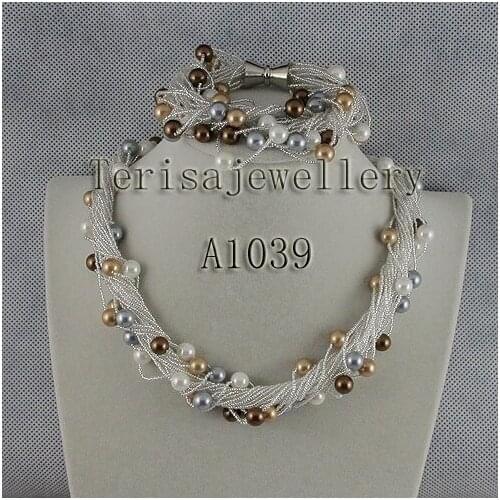 Terisa Jewelry Handmade Round Pearl Jewelry Set 24Rows 8mm Multicolor Sea Shell Pearl Necklace Bracelet Magnet Clasp