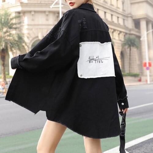 2021 Spring Autumn New Denim Jacket Womens Print Full Sleeve Loose Harajuku Bf Jeans Coat Tops Long Vintage Outerwear