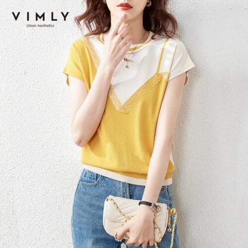 VIMLY Summer Women Tshirts Fashion Round Neck Short Sleeve Knitted Tops 2021 Female Spliced T-shirts Womens Thin Clothes F7653