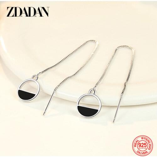 ZDADAN 925 Sterling Silver Black Round Circle Drop Earrings For Women Fashion Wedding Jewelry Gift