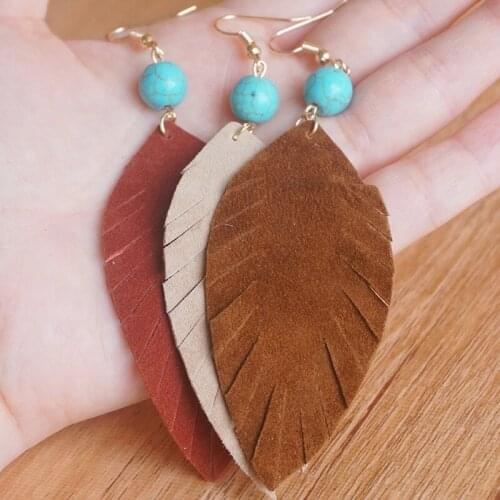 Cutout Fringe Tassel Genuine Leather Feather Leaf Drop Earrings for Women Lambskin Handmade Jewelry