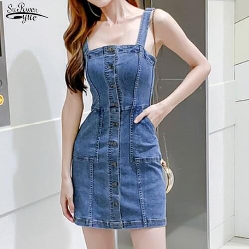 Summer Korean Vintage Casual Vintage Woman Dresses Spaghetti Strap Denim Dress Sexy Jeans Button Blue Party Dress Women 13349