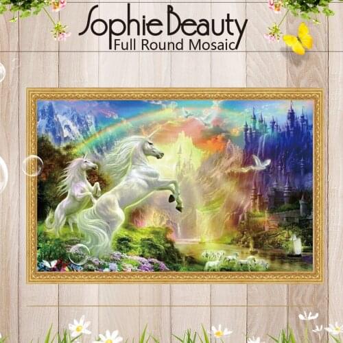 2018 Sophie Beauty Full Round Diamond Painting Cross Stitch Unicorn Flew Over Rainbow Bridge Handmade Arts Embroidery Crafts