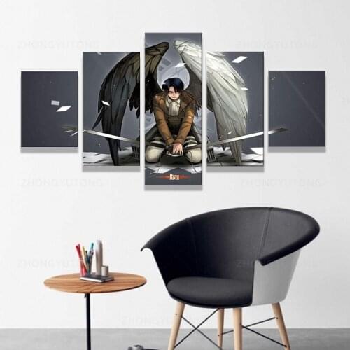 5 Piece Anime Attack On Titan Levi·Ackerman Drawing Poster Prints on Canvas Wall Art for Living Room Decor Boy Gift