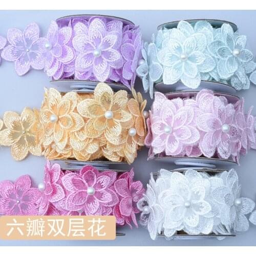40Yards Pearls Flowers Embroidered Lace Ribbon Trim Pink Purple Red Two Edges Fabric Handmade Sewing Supplies Accessories