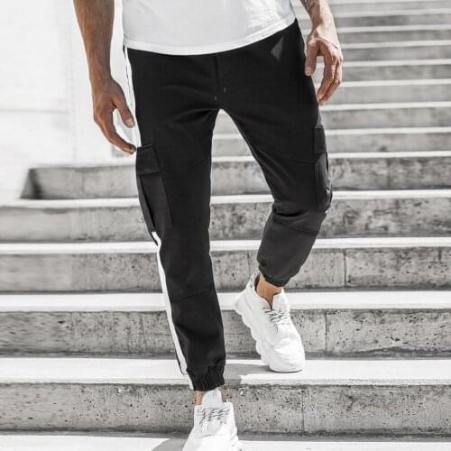 Fashion Patchwork Pants pockets cotton pants with strap casual Skinny men clothing 2020 men streetwear mens joggers Trouser
