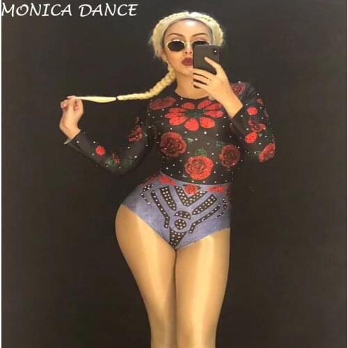 Women Sexy Stage Bodysuit Red Flowers Sparkling Crystals Nightclub Birthday Party Stage Wear Singer Dancer Bling Dance Costumes