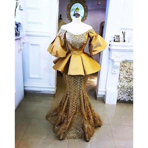 Elegant Off Shoulder Mermaid Gold Evening Women Dresses Short Sleeves Plus Size Arabic Aso Ebi Style Formal Prom Party Gowns