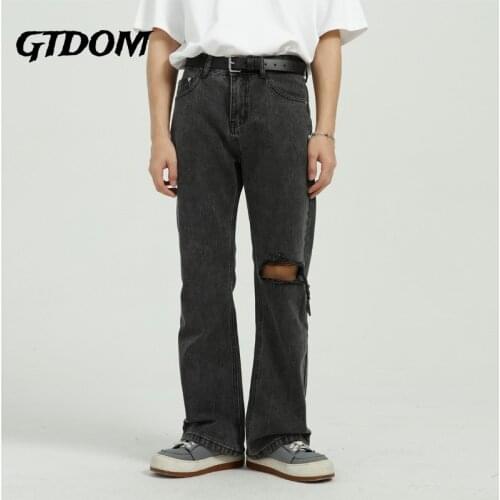 GTDOM Men Spring Korean Style Dark Gray Jeans Loose Straight Pants 2021 New Button Fly Pockets Hole Mid Waist Casual Jeans