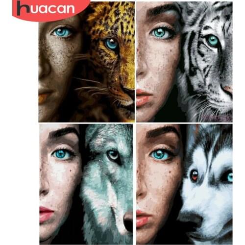 HUACAN Oil Painting By Number Leopard Girl Acrylic Unique Gift Paint By Numbers Animal Kits Modern Wall Art For Adults