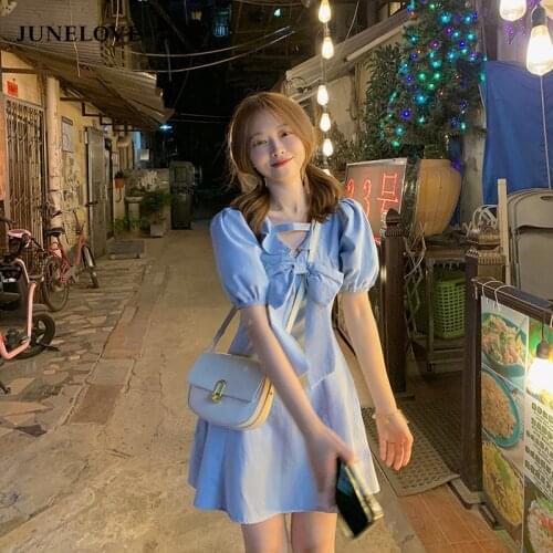 JuneLove Japanese Kawaii Sweet Mini Dress Women Elegant Cute Holiday Bowknot Ruffle Dress Bubble Sleeve Summer Light Dress 2021