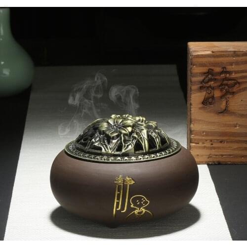 Ceramic Incense Burner, Purple Sand, Antique Copper Cover, Tripod Incense Burner, Incense Burner, Tea Ceremony Aromatherapy