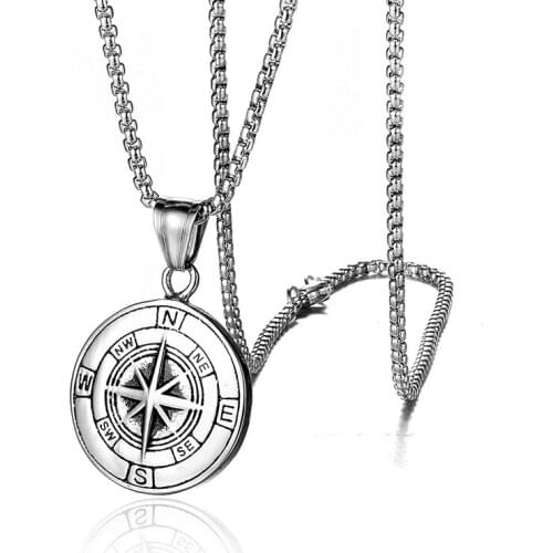 Cool Men Jewelry Compass Necklace Stainless Steel Gold color Rudder Compass Stars Necklaces Sailor Navy Male Jewelry