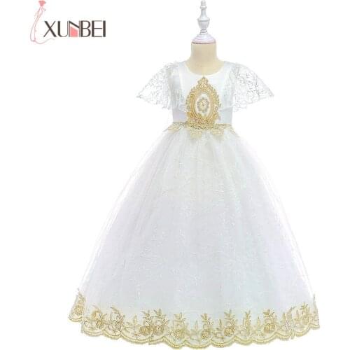 Floor Length Lace Flower Girl Dress 2020 Tulle Appliqued Zipper Children Princess Dress Wedding Party Long Evening Prom Dresses