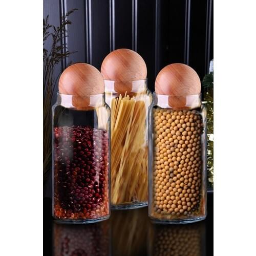Kitchen Trend Wood Top Cap 1300 ml 3'lü Geometric Glass Jar Set