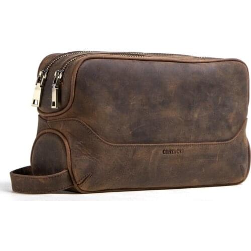 Crazy horse genuine leather men wash bag casual travel cosmetic case vintage cow leather makeup bag handbag toiletry bag 2020