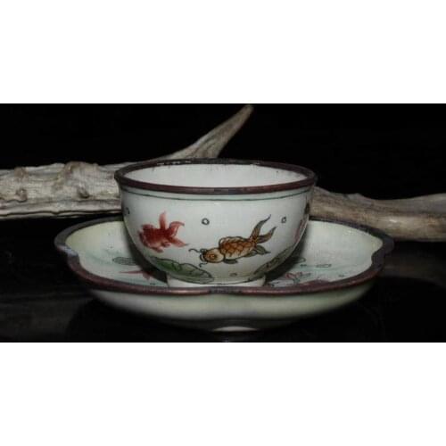 Set of exquisite Chinese antique copper enamel color goldfish lotus plate wine glasses