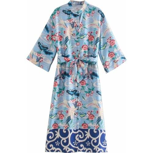 New Women Vogue With Belt Single Breasted Printed Side Slit Midi Shirt Dress Half Sleeve O-Neck Vintage Female Dresses