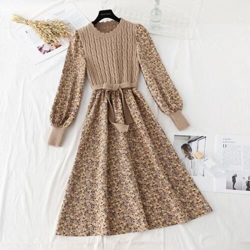 Autumn Women Knit Patchwork Floral Print Dress Femme O-Neck Puff Sleeve Bow Drawstring Vintage Dresses Casual A-Line Midi Dress