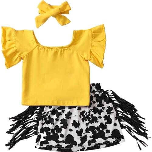 2-7Y Fashion Summer Toddler Kids Baby Girls Clothes Sets Solid Sleeveless Tops Leopard tassel Skirt Headband Outfits 3pcs