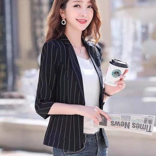New Spring Summer Womens Jacket 2021 Black White Striped Fashion Jackets Suit Three Quarter Sleeve Single Button Female Coat