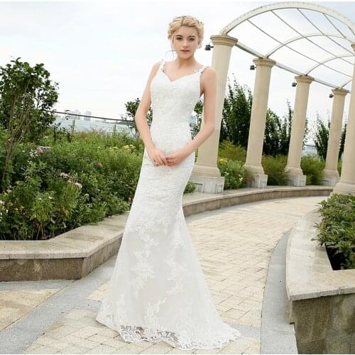 Sexy Backless Lace Mermaid Wedding Dress V-neck Spaghetti Straps Sweep Train Wedding Gowns Vestido de Novia