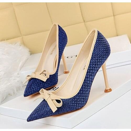 Womens Weaving High Heels 9.5cm Yellow Bowknot Patchwork Ladies Shoes Sweet Heeled Cowboy Blue Elegent Pumps Mixed Color Size 40