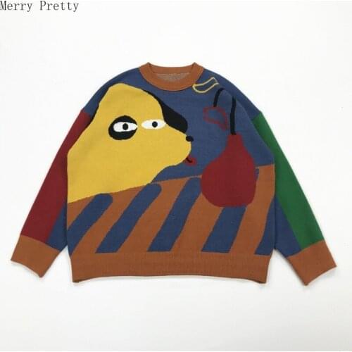 2020 Spring New Women Cartoon Embroidery Long Sleeve Knitted Sweater Hit Color Patchwork Loose Pullover Tops