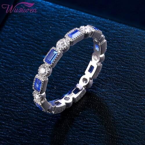 Wuziwen Solid 925 Sterling Silver Blue White Zircon Rings Eternity Wedding Band For Women Jewelry Gift BR0933
