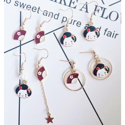 Japanese Cherry Girl Fan Asymmetric Pendant Earrings Cute Sweet Student Earrings Female Trendy Jewelry Accessories Gift