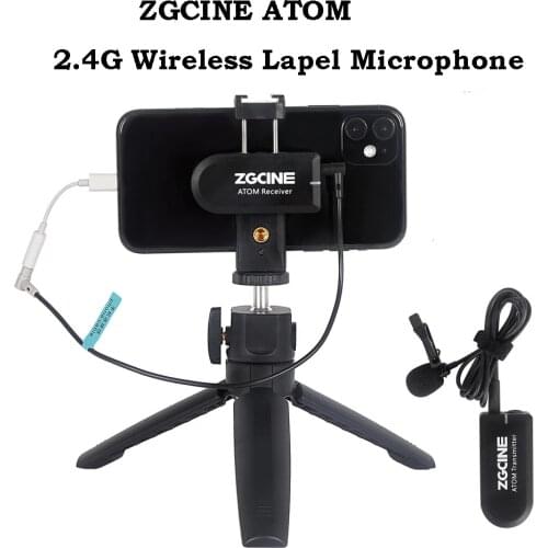 ZGCINE ATOM mini Wireless Lapel Microphone Receiver Kit 2.4G Video Recording Mic Tripod phone holder for Camera DSLR Smartphone