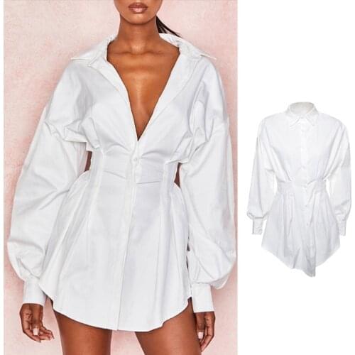 Women Autumn Lantern Sleeve Sexy Lapel Deep V-Neck Mini Blouse Dress Button Down Solid Color Pleated Empire Waist Oversized Loos