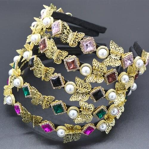 Vintage Palace Headband for Women Hair Accessories Luxury Rhinestones Crystal Hair Jewelry Butterfly Pearl Hairband