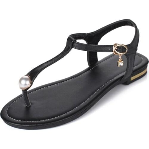 Toed cowhide Beaded womens sandals large size shoes flat shoes plus small size us3-us10.5